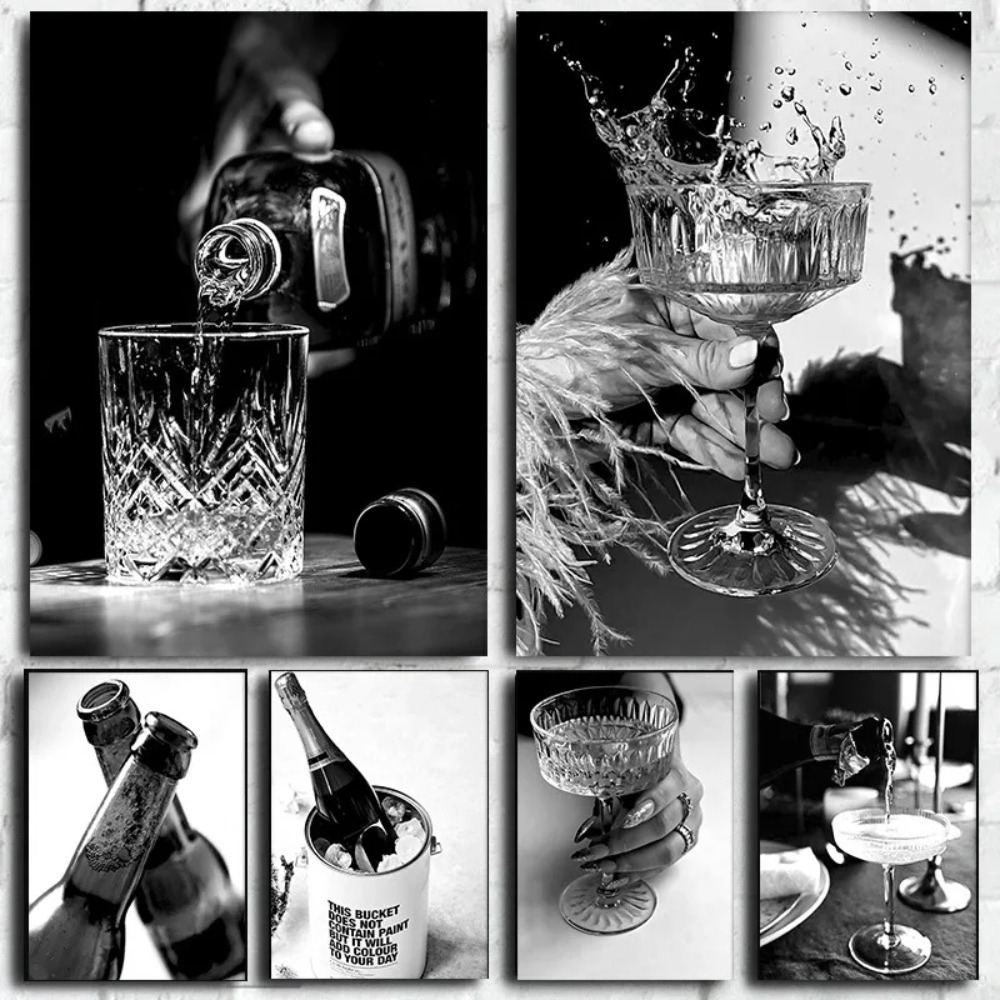 Whisky Beer And Wine - Czarno-biały bar szampan piwo kieliszek do